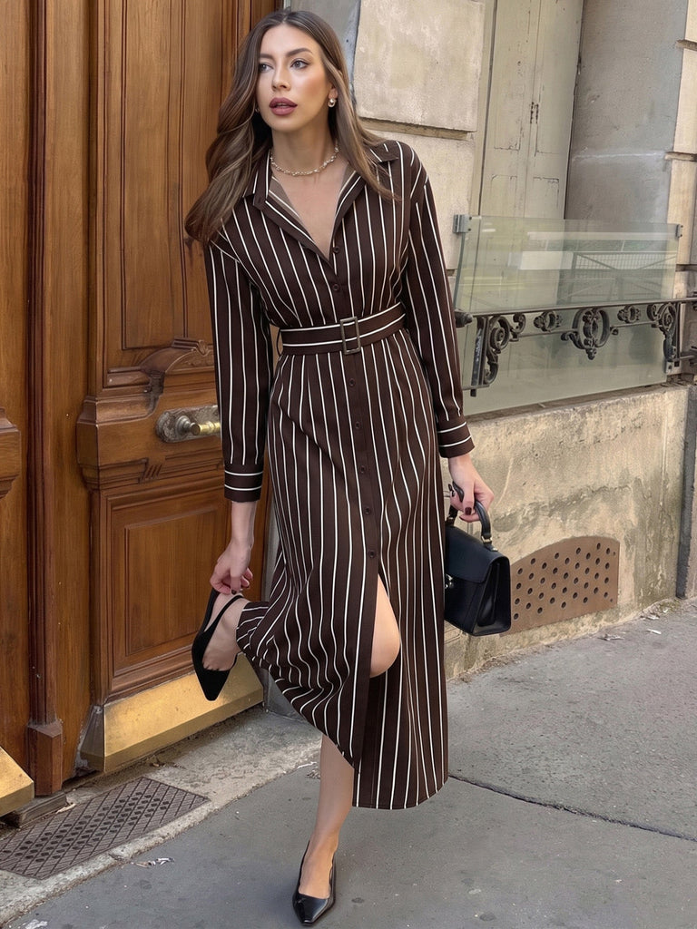 Robe Chemise Marron Foncé Rayée à Boutons et Ceinture Années 1970 - 2