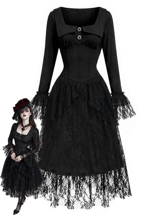 [Prévente] Robe corset noire gothique victorienne à dentelle et volants Années 1970 - 1