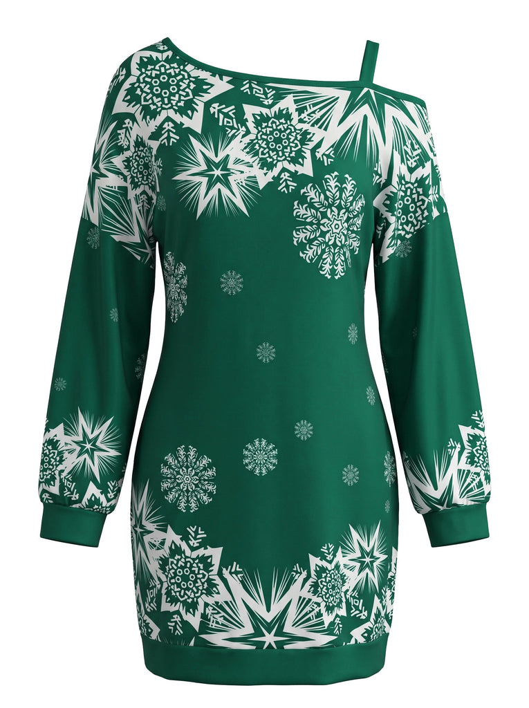 Robe courte de Noël à imprimé flocons et épaule asymétrique Années 1960 - 1