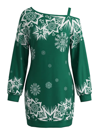 Robe courte de Noël à imprimé flocons et épaule asymétrique Années 1960 - 1