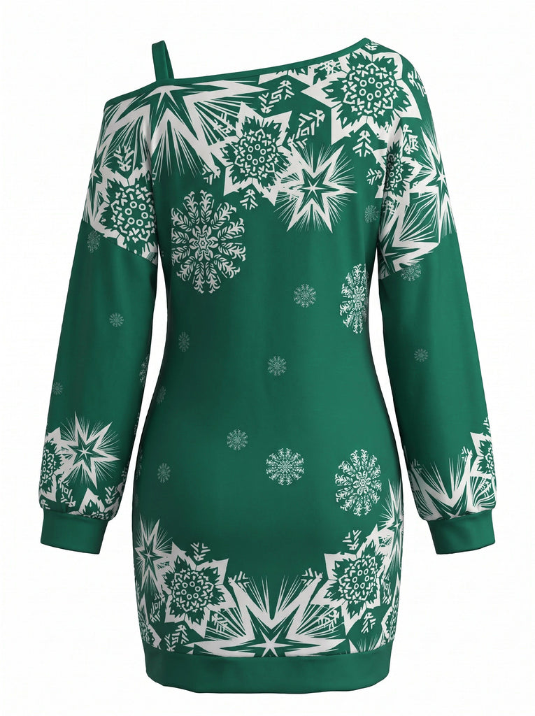 Robe courte de Noël à imprimé flocons et épaule asymétrique Années 1960 - 2