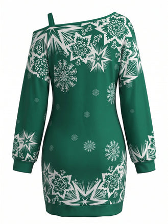 Robe courte de Noël à imprimé flocons et épaule asymétrique Années 1960 - 2