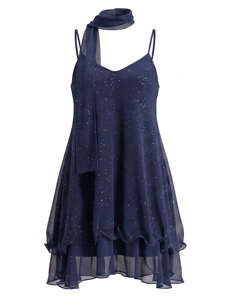 Robe courte en tulle scintillant à volants et foulard assorti Années 1970 - 1