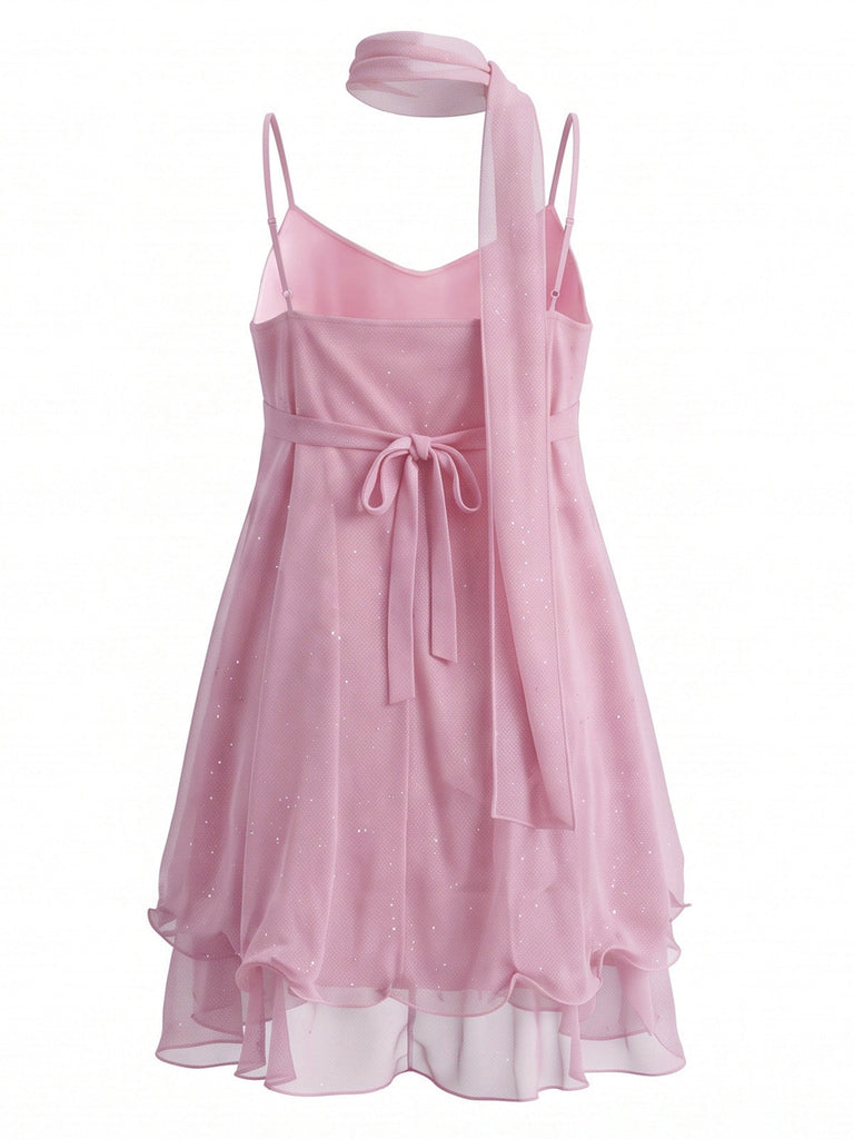 Robe courte en tulle scintillant à volants et foulard assorti Années 1970 - 4