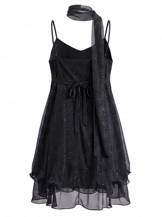 Robe courte en tulle scintillant à volants et foulard assorti Années 1970 - 6