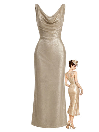 [Prévente] Robe Crayon Dorée Scintillante à Col Drapé et Dos Découpé Années 1930 - 1