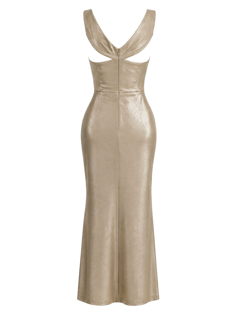 [Prévente] Robe Crayon Dorée Scintillante à Col Drapé et Dos Découpé Années 1930 - 3