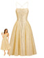 Robe de Cocktail Midi Dorée à Paillettes et Fines Bretelles Années 1950