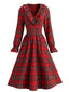 Robe Noël motif écossais manches longues et col volants années 1950