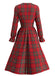 Robe de Noël à Carreaux, Col à Volants et Manches Longues Années 1950 - 2