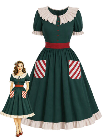 [Prévente] Robe de Noël à col volanté, nœud et poches cannes en sucre Années 1950 - 1