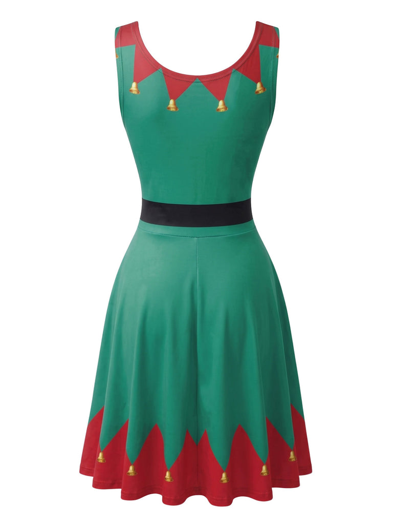 Robe de Noël Verte et Rouge Sans Manches à Imprimé Festif Années 1950 - 3