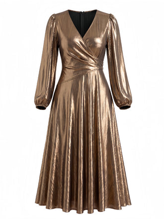 [Grande Taille] Robe Dorée Métallisée à Col V et Manches Lanternes Années 1970 - 2