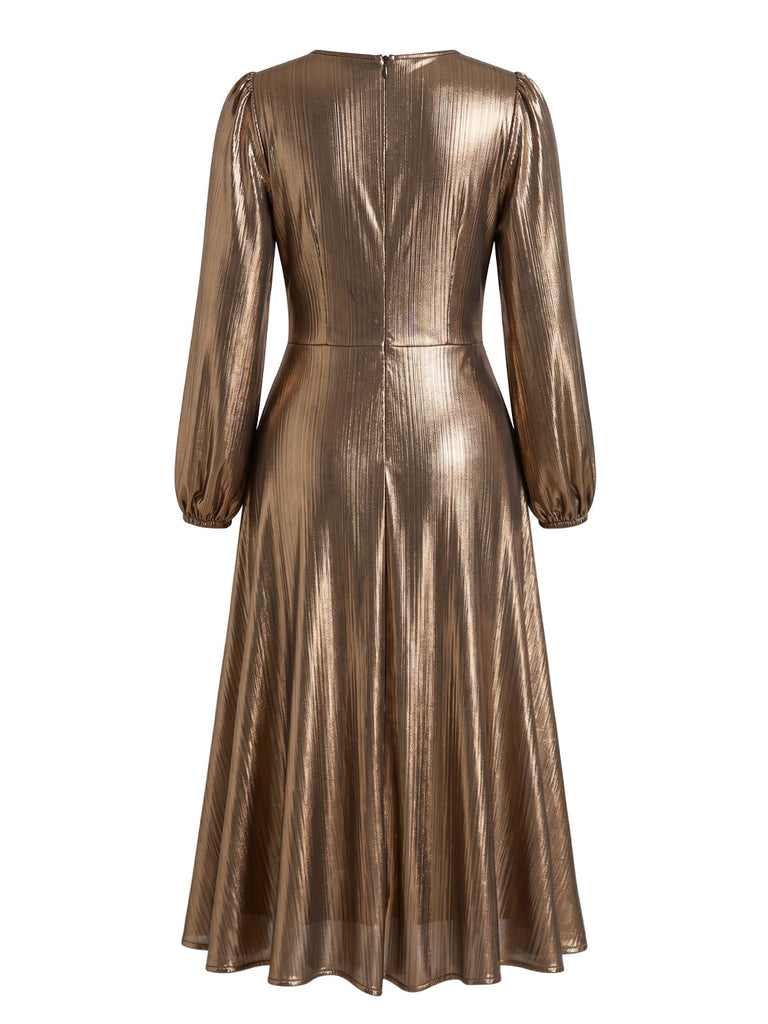 [Grande Taille] Robe Dorée Métallisée à Col V et Manches Lanternes Années 1970 - 3