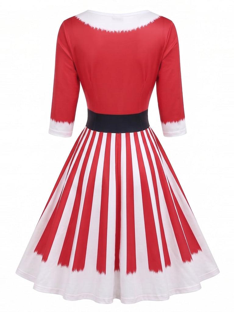 Robe évasée à imprimé de Noël et manches mi-longues Années 1950 - 3