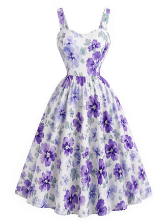 [Prévente] Robe Évasée Lavande à Bretelles et Petites Fleurs Années 1950 - 2
