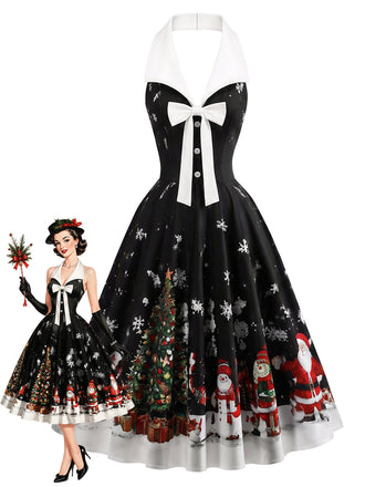 [Prévente] Robe évasée noire à imprimé de Noël, col dos-nu et nœud Années 1950 - 1