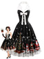 [Prévente] Robe évasée noire motif Noël dotée d'un décolleté dos nu et d'un nœud années 1950