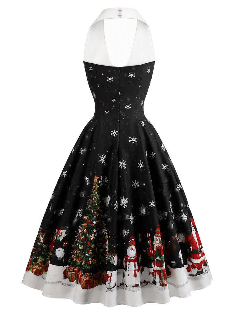 [Prévente] Robe évasée noire à imprimé de Noël, col dos-nu et nœud Années 1950 - 3