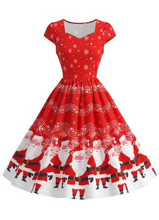 Robe Évasée Rouge à Imprimé Père Noël Années 1950 - 1