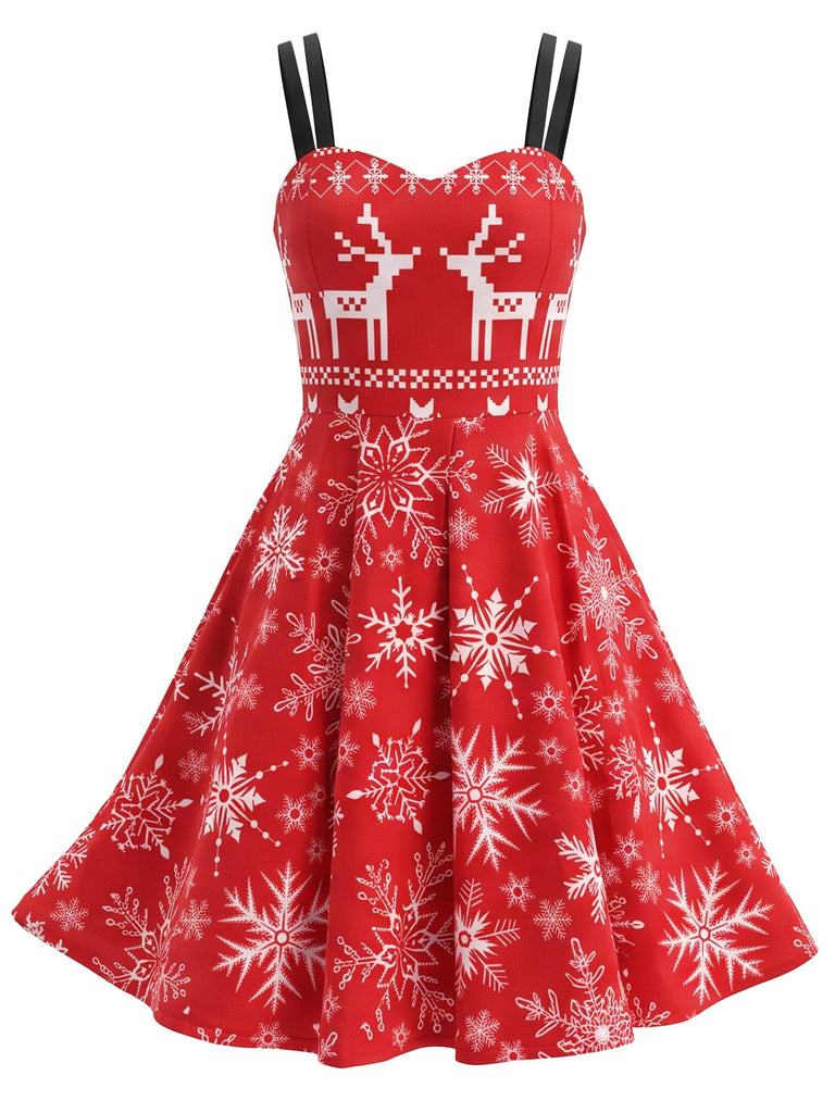 Robe évasée rouge à imprimé rennes et flocons de Noël Années 1950 - 3