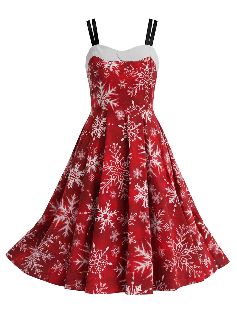 Robe évasée rouge à imprimé rennes et flocons de Noël Années 1950 - 5
