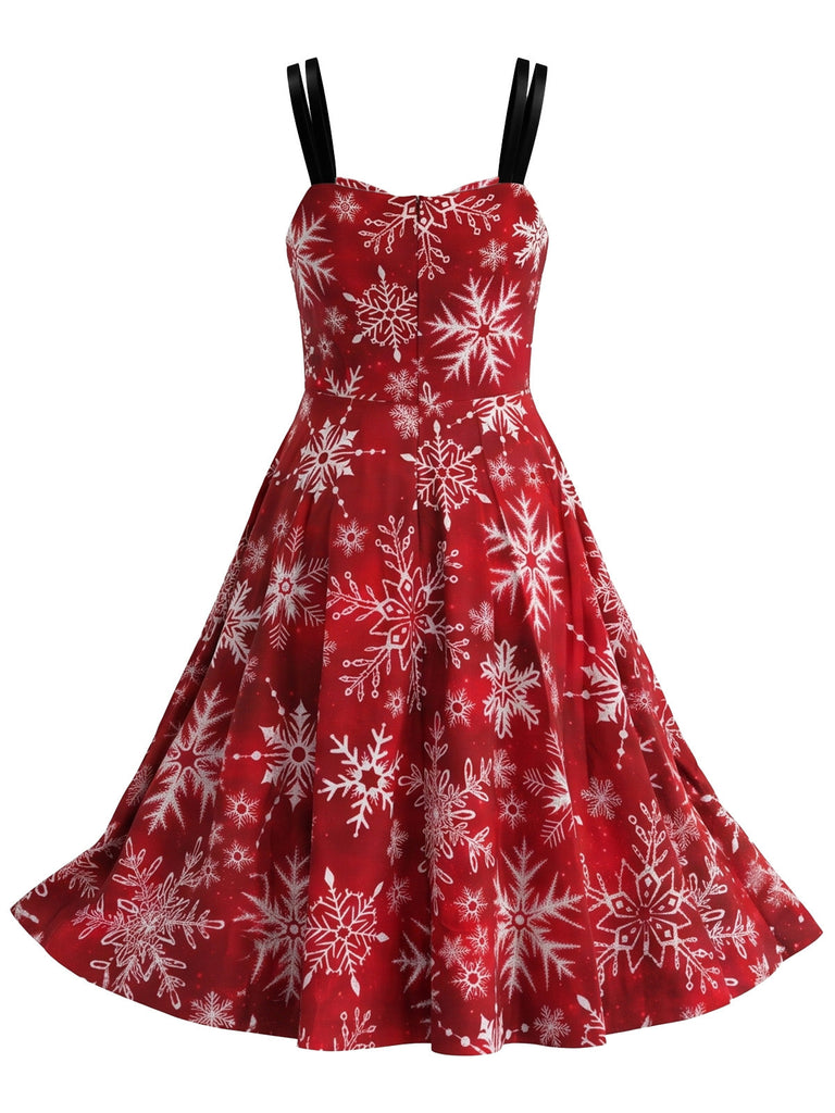 Robe évasée rouge à imprimé rennes et flocons de Noël Années 1950 - 6