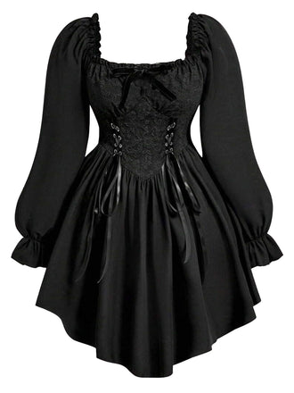 [Grande Taille] Robe Gothique Noire à Corset Lacé et Manches Longues Années 1970 - 1
