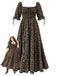 [Grande Taille] Robe longue marron à imprimé léopard, col carré et smocks Années 1970 - 1