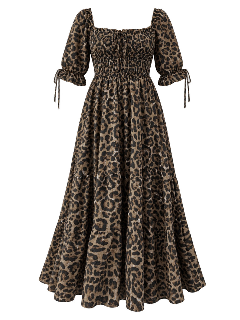 [Grande Taille] Robe longue marron à imprimé léopard, col carré et smocks Années 1970 - 2
