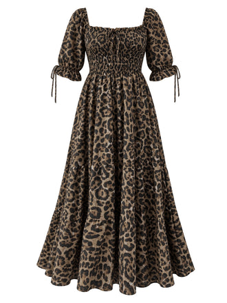 [Grande Taille] Robe longue marron à imprimé léopard, col carré et smocks Années 1970 - 2