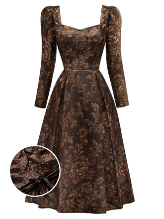 [Prévente] Robe Marron à Fleurs en Satin avec Laçage Style Royalcore Années 1970 - 1