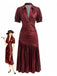 Robe Métallisée Plissée à Col V Profond et Manches Courtes Années 1970 - 1