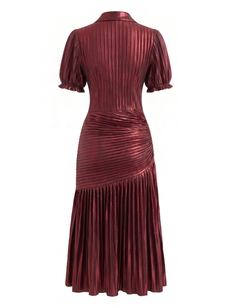 Robe Métallisée Plissée à Col V Profond et Manches Courtes Années 1970 - 3