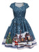 Robe midi de Noël bleu foncé à imprimé Père Noël Années 1950 - 1