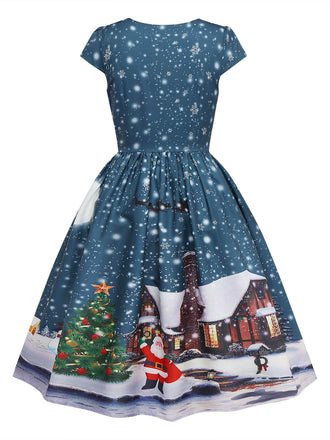 Robe midi de Noël bleu foncé à imprimé Père Noël Années 1950 - 2