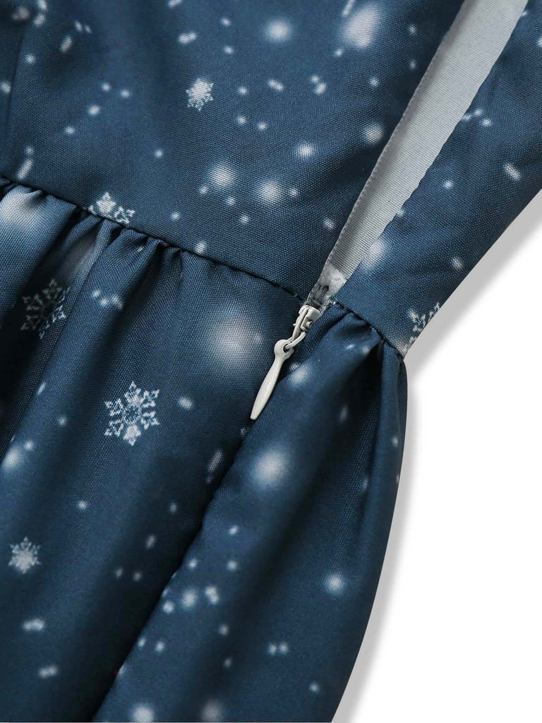 Robe midi de Noël bleu foncé à imprimé Père Noël Années 1950 - 6