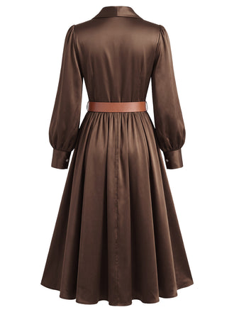 Robe midi en satin à col revers, manches bouffantes et ceinture Années 1940 - 2