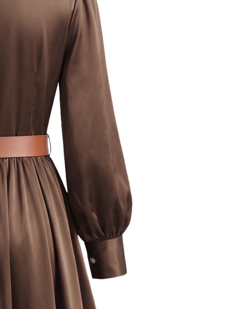 Robe midi en satin à col revers, manches bouffantes et ceinture Années 1940 - 4