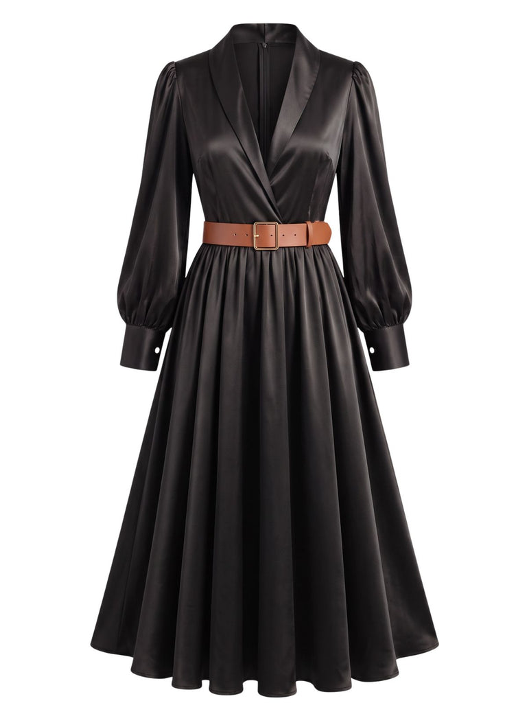 Robe midi en satin à col revers, manches bouffantes et ceinture Années 1940 - 5
