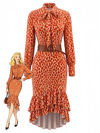 Robe Midi Orange à Imprimé Léopard, Volants et Ceinture Années 1970 - 1
