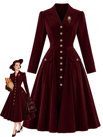[Prévente] Robe midi rouge en velours à col revers, poches et boutons Années 1940 - 1
