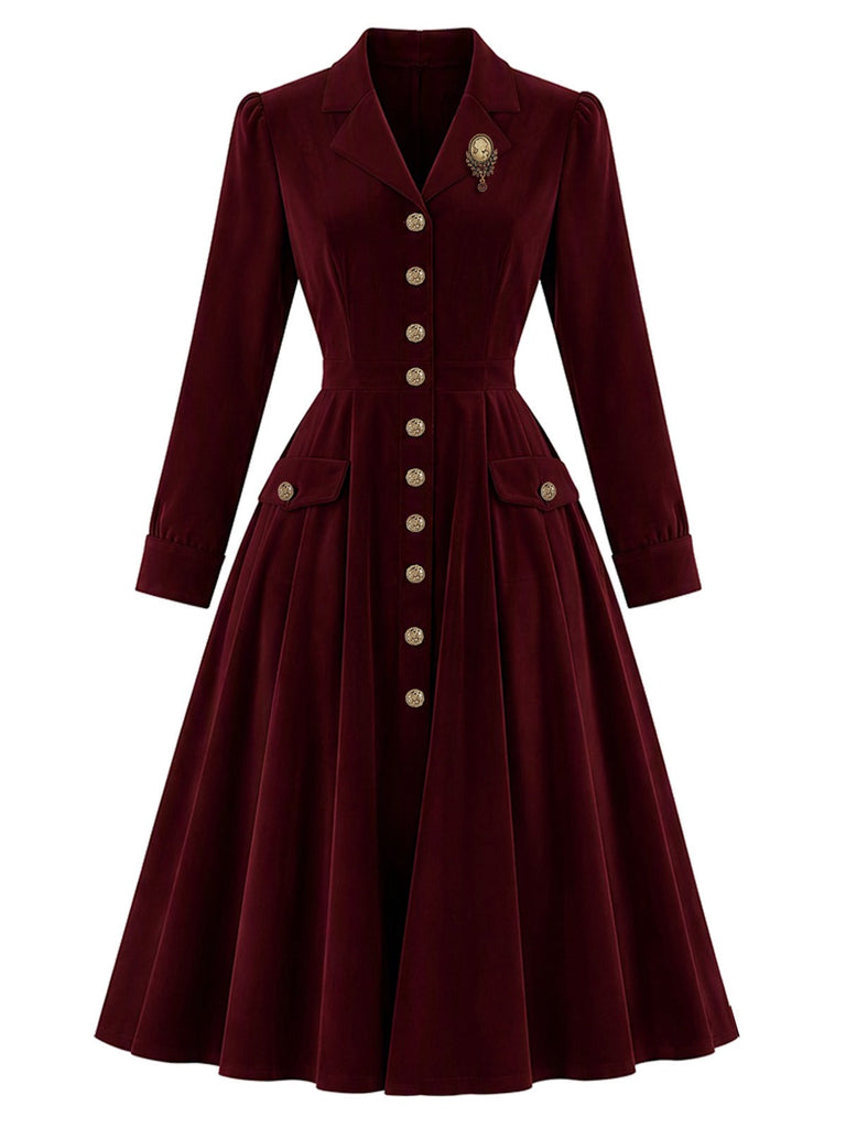 [Prévente] Robe midi rouge en velours à col revers, poches et boutons Années 1940 - 2