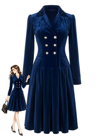 Robe plissée bleu marine en velours à col revers et double boutonnage Années 1950 - 1