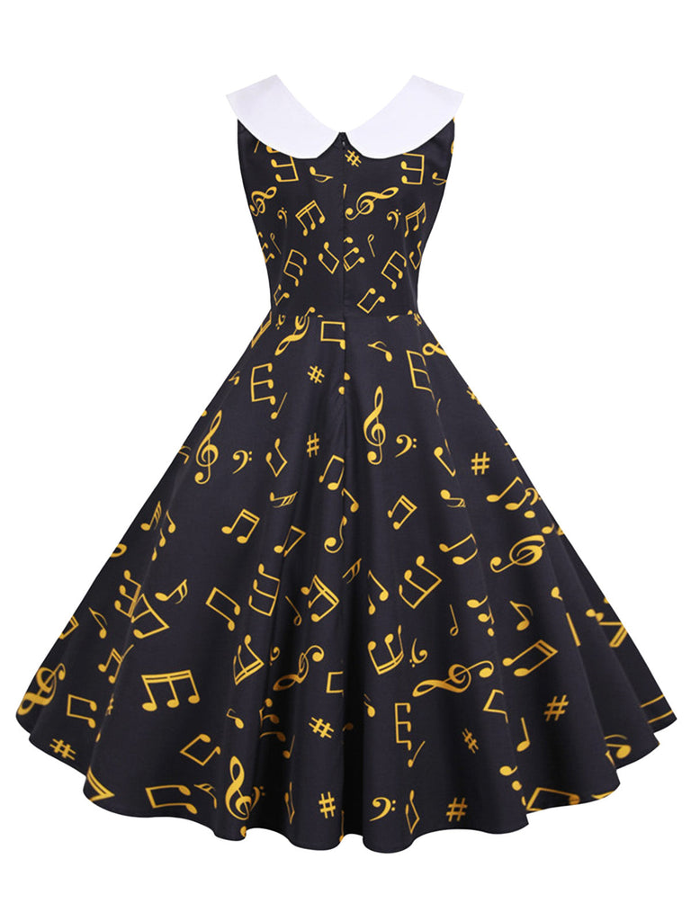Robe Sans Manches à Col Claudine et Motif Notes de Musique Années 1950 - 3