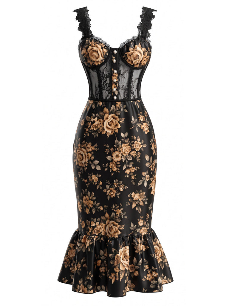 Robe sirène en tulle floral à corset et bretelles en dentelle Années 1930 - 2
