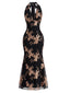 Robe noire coupe sirène motifs floraux sequins et encolure américaine années 1920