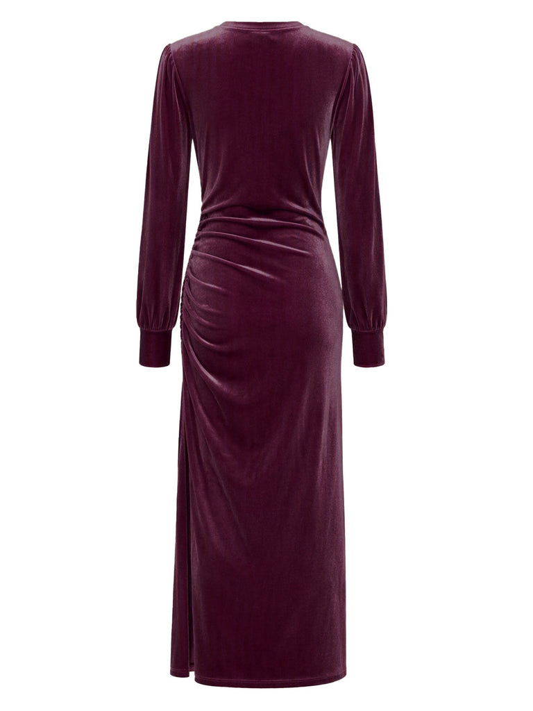 Robe unie en velours à manches longues, fronces et fente Années 1970 - 10