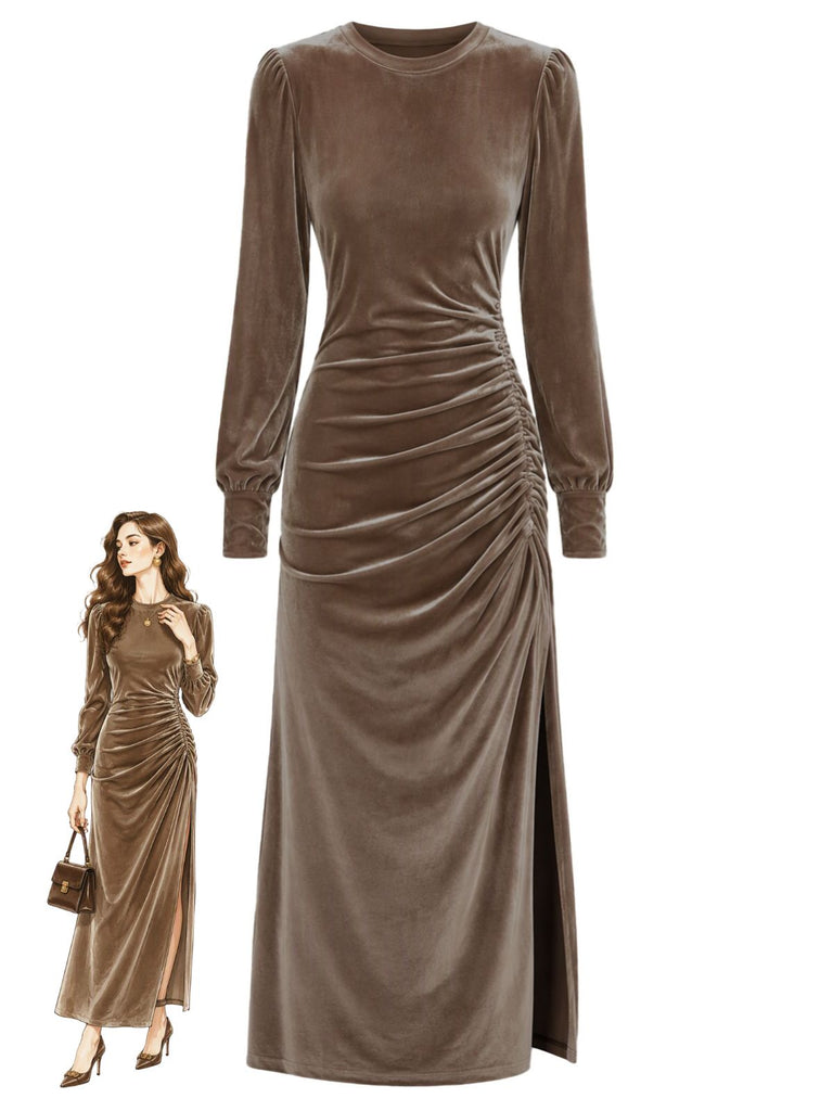 Robe unie en velours à manches longues, fronces et fente Années 1970 - 1
