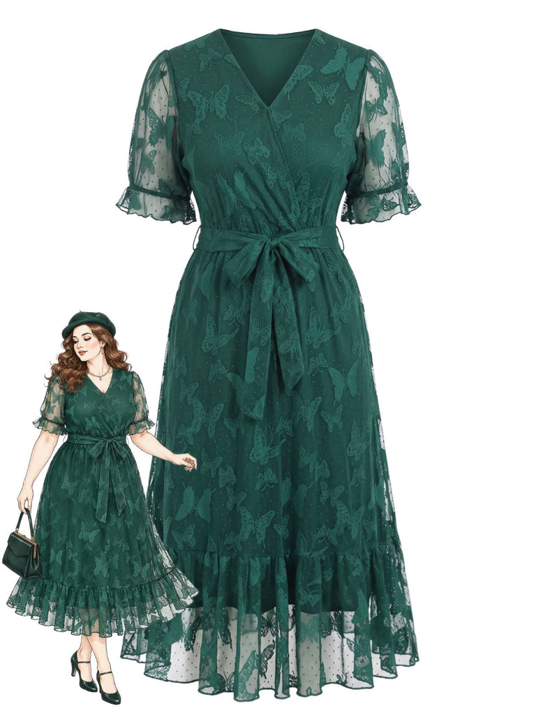 [Grande Taille] Robe vert foncé à dentelle papillons, col V et ceinture Années 1950 - 1